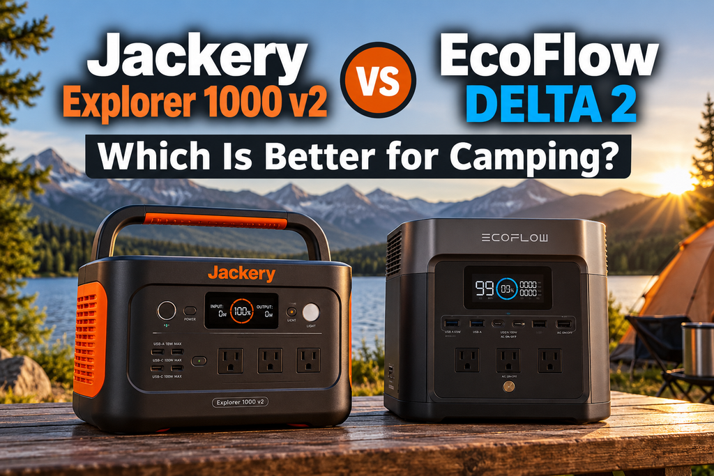 AI-generated illustration comparing Jackery Explorer 1000 v2 vs EcoFlow DELTA 2 portable power stations at a campsite