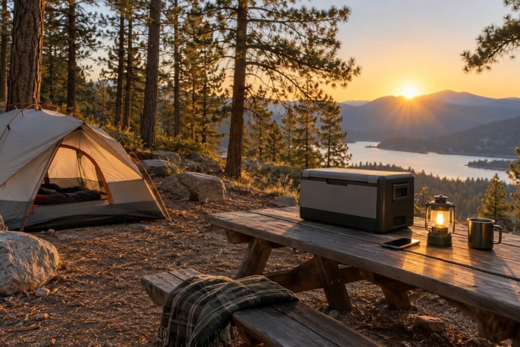 Illustrative forest campsite with tent, portable fridge and lantern